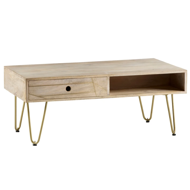Image of Indian Hub Light Gold Rectangular Coffee Table With Drawer