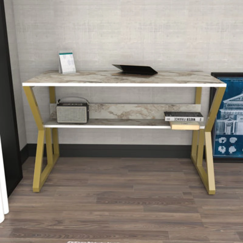 Image of Decorotika Wake Study And Writing Desk White Marble Effect And Gold