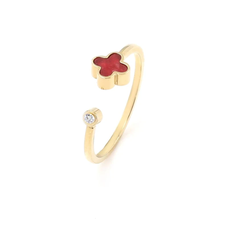 Image of Say It With Cherry Red Crystal Clover Ring - Yellow Gold Size: Adjustable Gold Unisex Adjustable