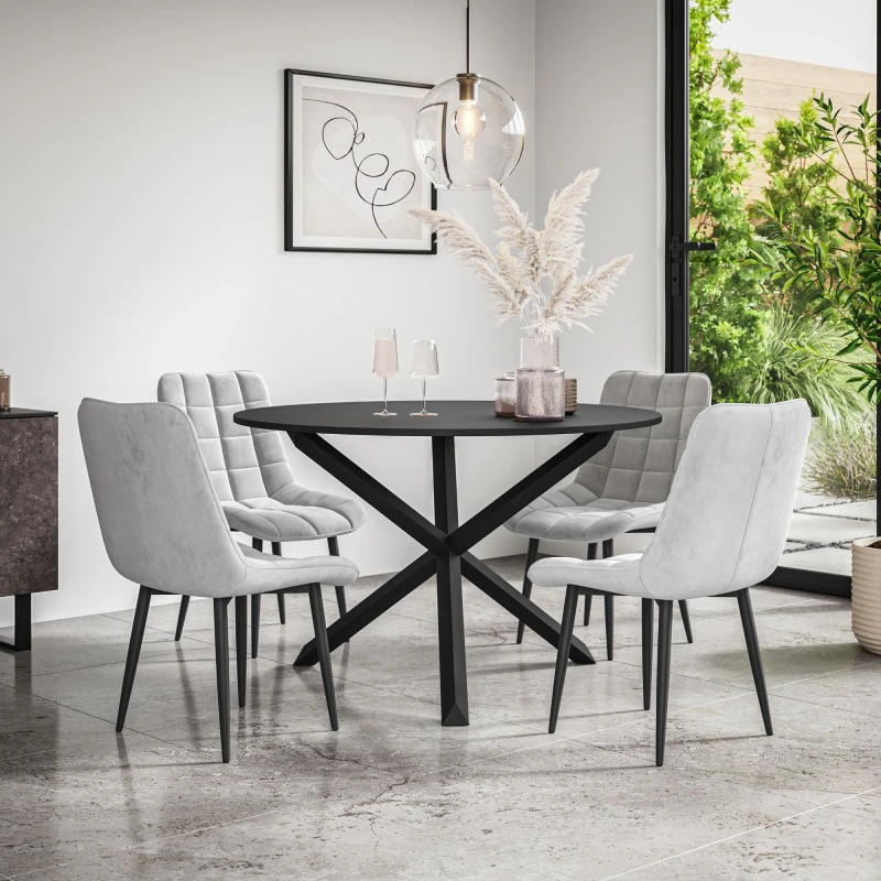 Image of More4Homes Malvern Round Dining Table And Chairs - Black Table Top W Solid Black Oak Legs + Nova Velvet Dining Chair Set Of 4 (Grey)