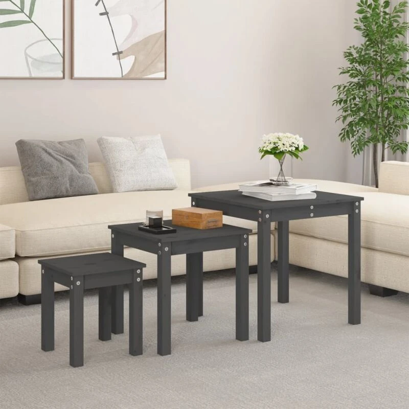 Image of Vidaxl Nesting Tables 3 Pcs Grey Solid Wood Pine, Grey 824975