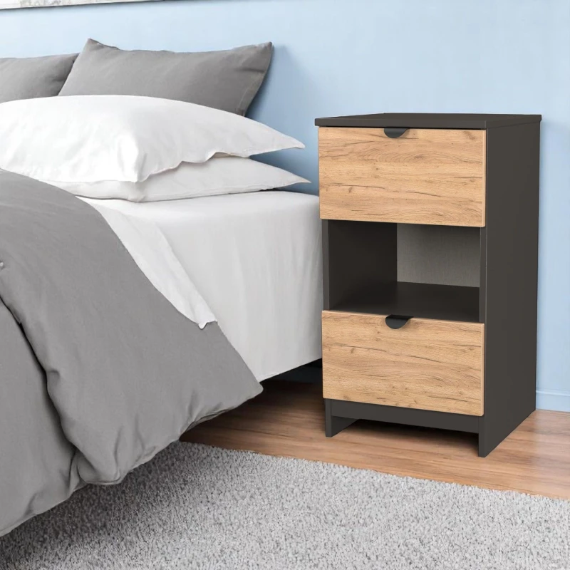 Image of Welcome Furniture Ready Assembled Bora 2 Drawer Open Shelf Bedside Cabinet, Grey BOP601GCGB