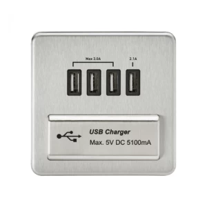 Image of KnightsBridge 1G Screwless Brushed Chrome Quad USB 5V Charger Outlet - Black Insert