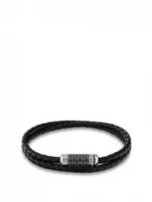 Image of Tommy Hilfiger Black Braided Leather Bracelet, Black, Men