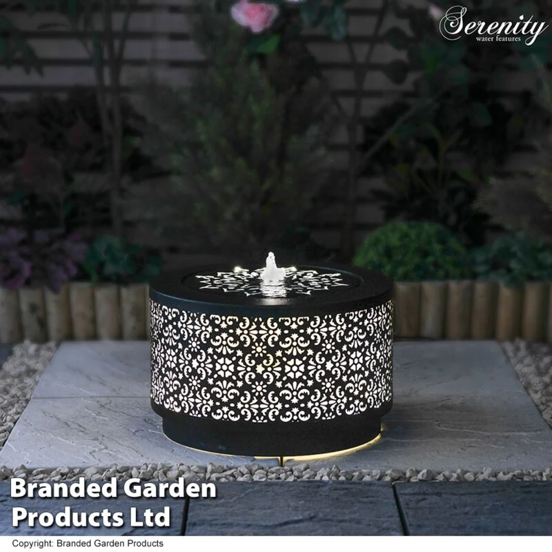 Image of THOMPSON & MORGAN Thompson&morgan - Serenity Outdoor Metal Garden Water Feature LED Light Silhouette Effect Moroccan Inspired Design KF7268