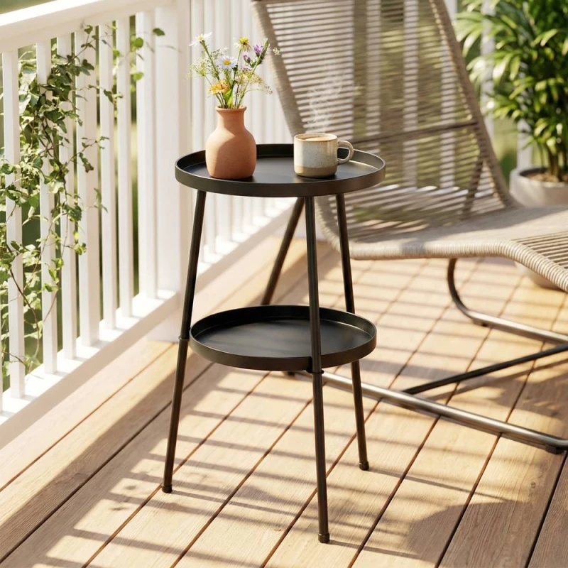 Image of OUTSUNNY Patio Side Table, 2-Tier Round Coffee End Table in Black Unisex