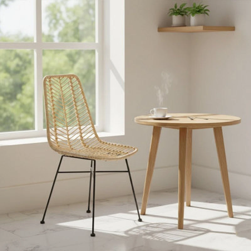 Image of Orsina Sleek Brown Rattan Chair With Black Metal Legs, Rattan Dining Chair, Hand-Woven Rattan Lounge Chair