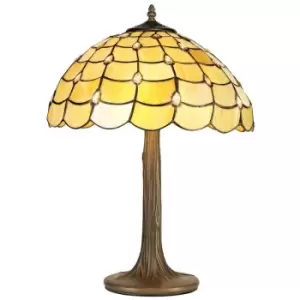 Image of Luminosa Lighting - 2 Light Tree Like Table Lamp E27 With 40cm Tiffany Shade, Beige, Clear Crystal, Aged Antique Brass