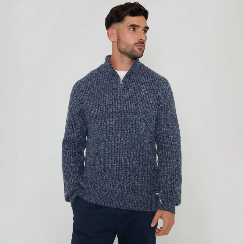 Image of Threadbare 'Pinner' Waffle Knit Quarter Zip Jumper Blue
