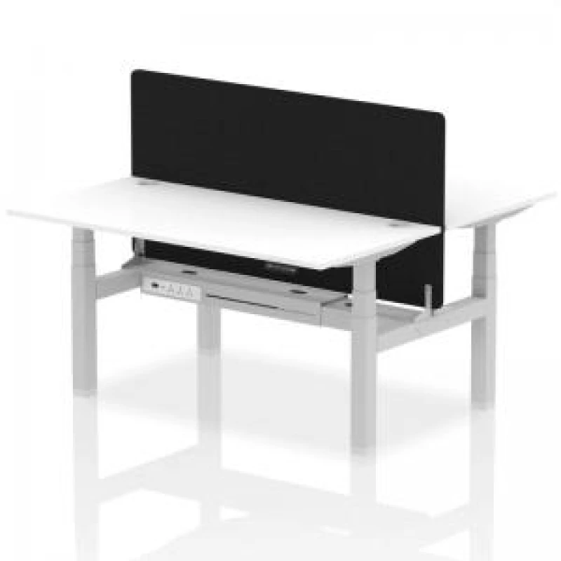 Image of Air Back - to - Back 1600 x 800mm Height Adjustable 2 Person Bench Office Desk White Top - Cable Ports Silver Frame - Black Straight Screen