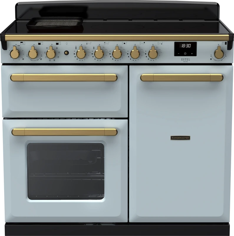 Image of Rangemaster Estel Deluxe ESDL100EIPMSB/AB1 100cm Electric Range Cooker with Induction Hob - Misty Blue / Chrome - A/A Rated