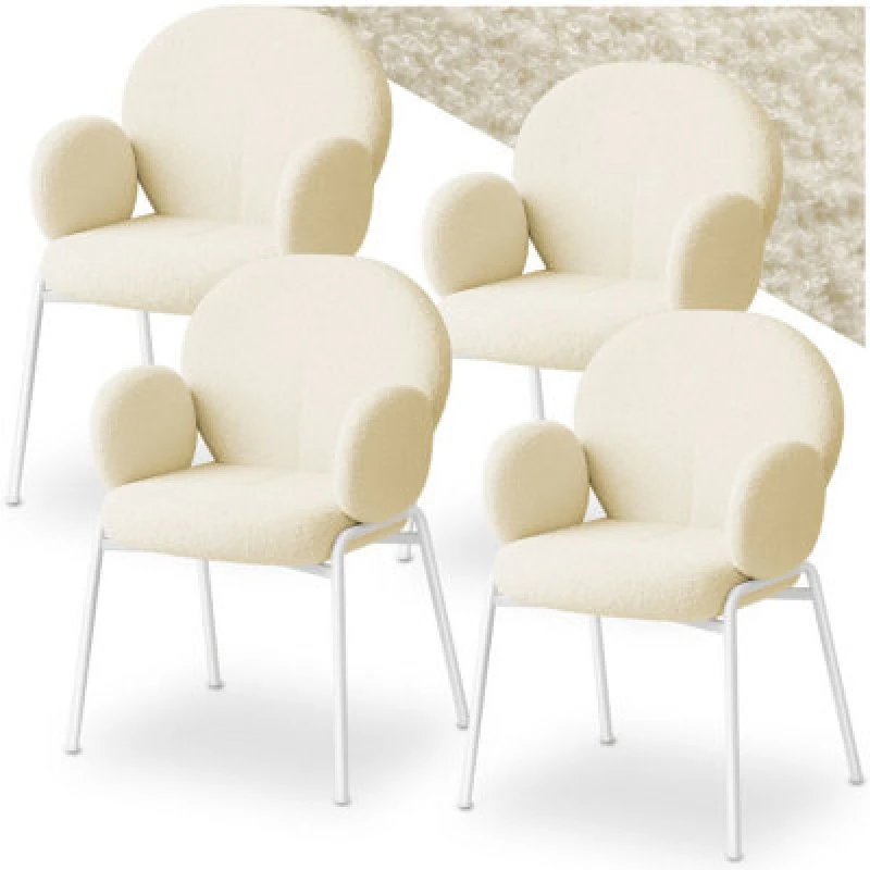 Image of Tectake Set Of 4 Dining Chair - Boucle Cover, Plush Padding, High Backrest - Cream