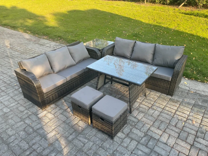 Image of Fimous Garden Furniture Sofa Set Rectangular Dining Table 2 Small Footstool Side Table Indoor Outdoor 8 Seater Rattan Set Dark Grey