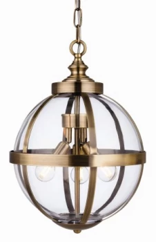 Image of 3 Light Cage Ceiling Pendant Antique Brass with Clear Glass, E14