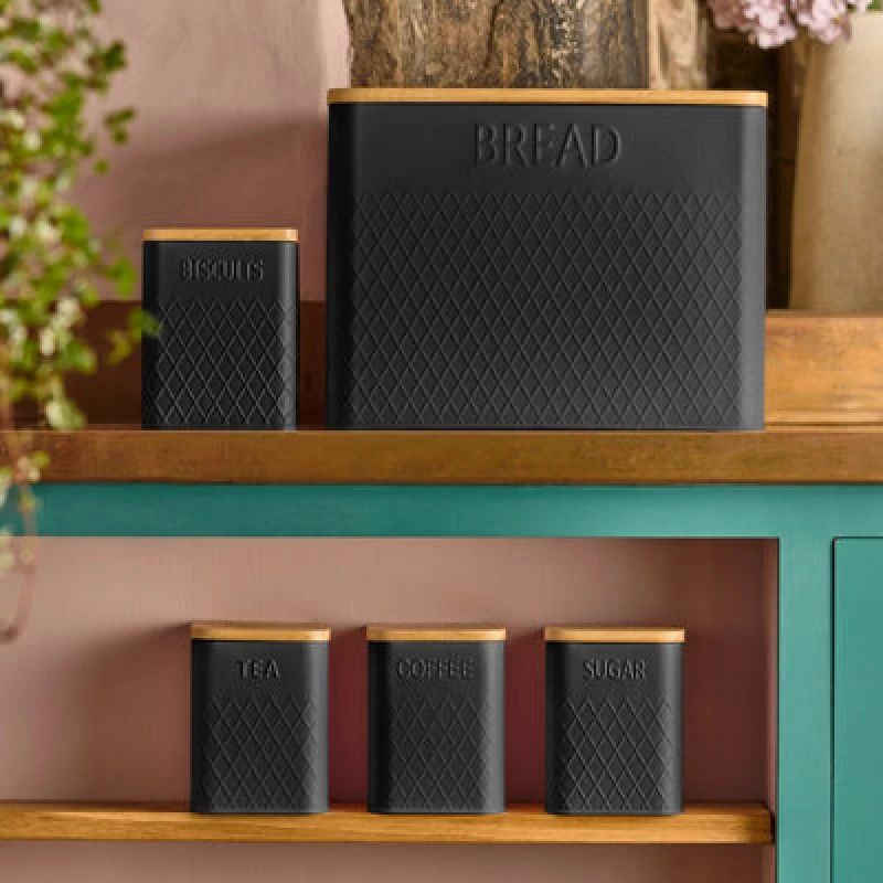 Image of Cooks Professional 5 Piece Kitchen Storage Set with Bamboo Lids Bread Biscuit Tea Coffee Sugar Black