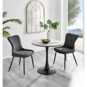 Image of Furniture Box Elina White Marble Effect Round Dining Table and 2 Dark Grey Nora Black Leg Chairs