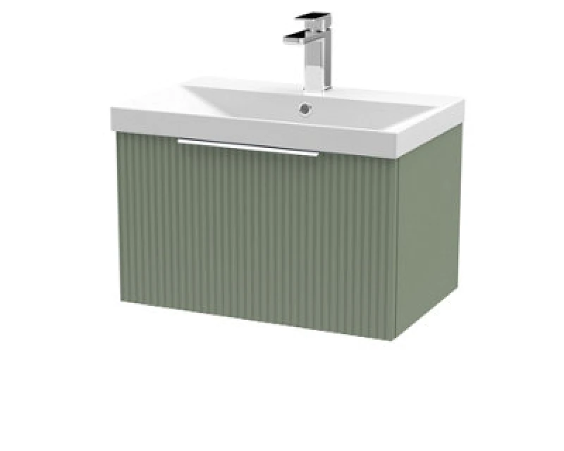 Image of Hudson Reed Fluted Wall Hung 1-Drawer Vanity And Thin-Edge Basin, Contemporary Sink Vanity Unit, Satin Green