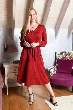 Image of Red Satin Dash Print Midi Dress