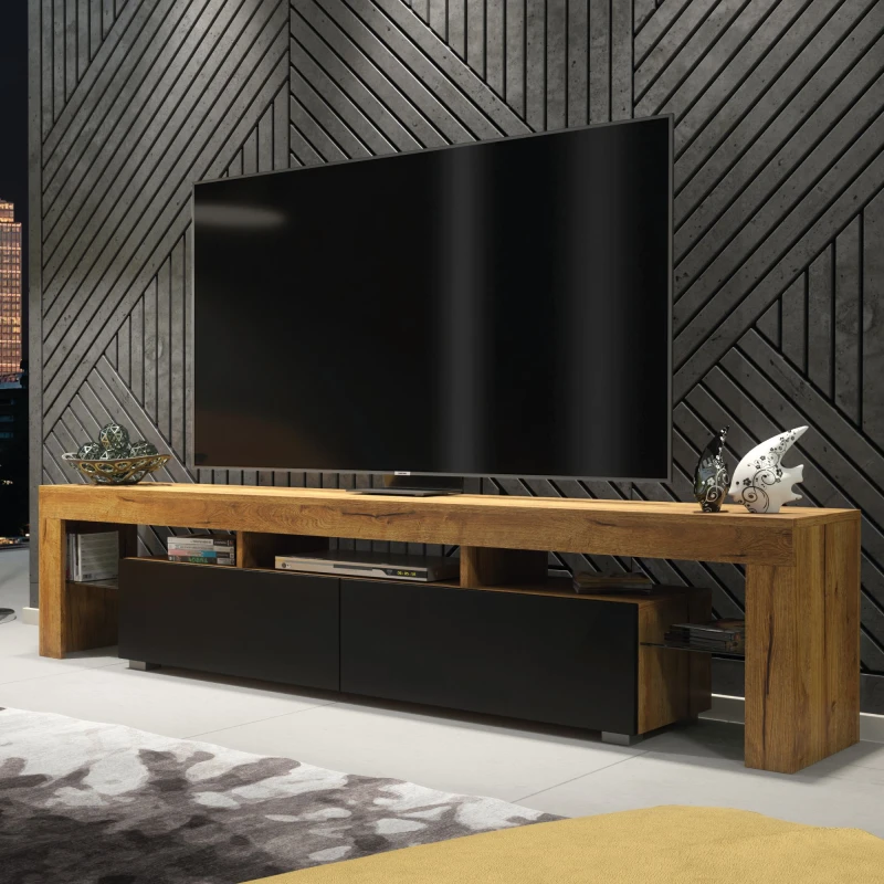 Image of Creative Furniture Creative Furniture TV Unit 200cm Modern - Oak with Matt Black Doors in Brown Brown One Size Unisex 5061075249850