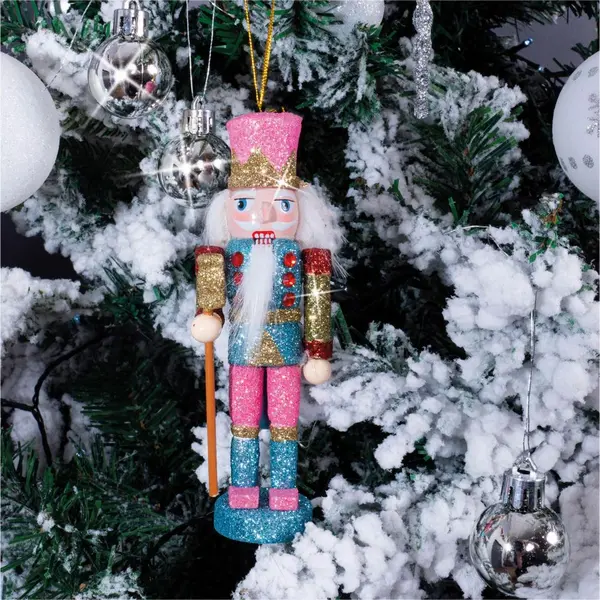 Image of Glitter Nutcracker Hanging Christmas Tree Decoration - Pink ELV-200786