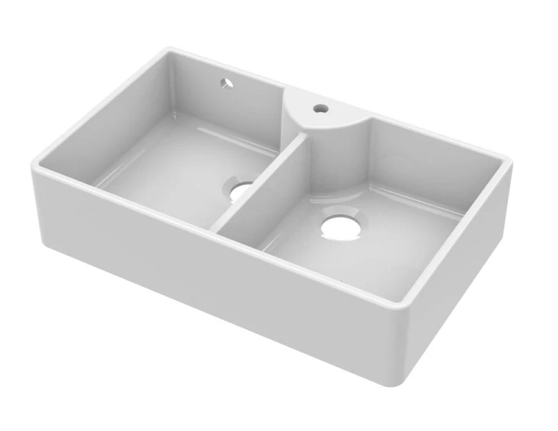 Image of Balterley 2 Bowl Stepped Weir Butler Sink Tap Ledge Overflow Tap Hole 895mm White