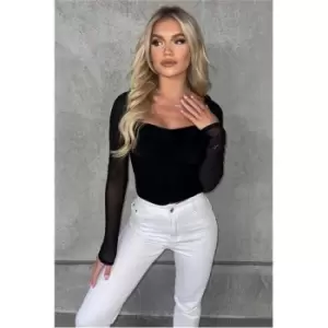 Image of I Saw It First Black Mesh Frill Sleeve Slinky Top - Black