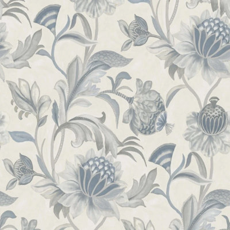 Image of Holden Decor Holden Cecelia Floral Jacobean Style Metallic Vinyl Textured Blue Dove Wallpaper