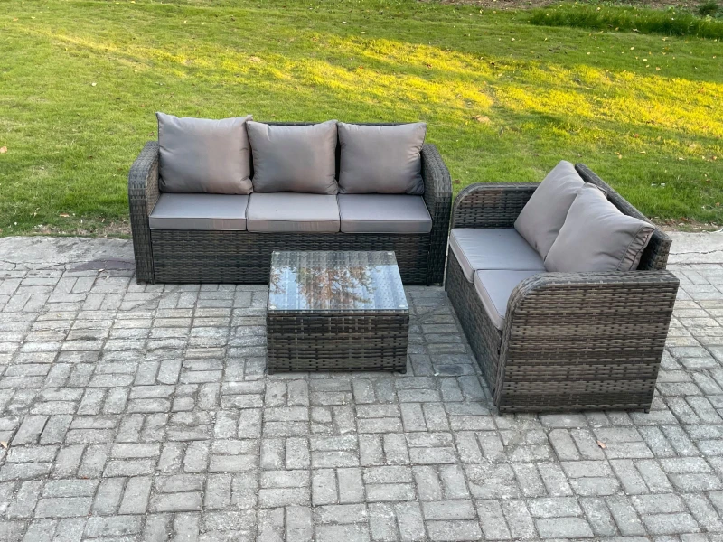 Image of Fimous PE Rattan Garden Furniture Sets 5 Seater Outdoor Lounge Sofa Set Square Coffee Table Dark Grey