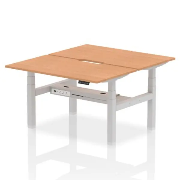 Image of Air Air Back-to-Back 1400 x 800mm Height Adjustable 2 Person Bench Desk Oak Top with Scalloped Edge Silver Frame HASSE2P14800OAKS