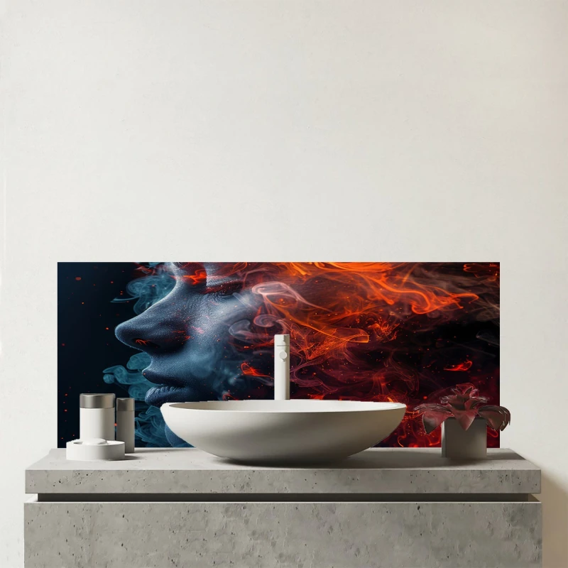Image of Warren Reed - Designer Fiery Mindscape: Portrait In Flames Glass Bathroom Splashback Multicolor Unisex