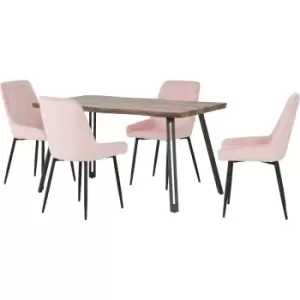 Image of Quebec Wave Edge Dining Table + 4 Avery Chairs Set - Oak Effect & Pink Velvet