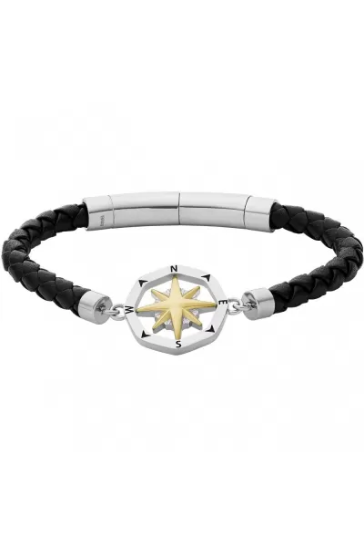 Image of Fossil JF04226998 Mens Stainless Steel Leather Compass Jewellery
