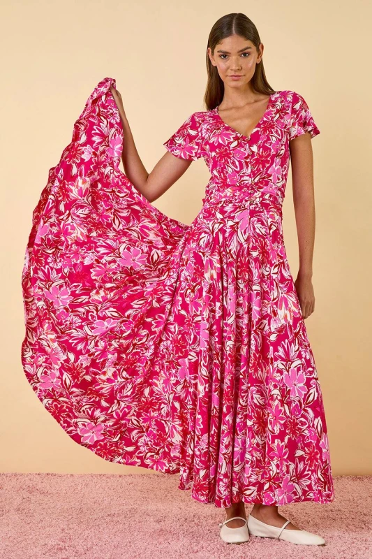 Image of Roman Womens Floral Ruched Waist Maxi Dress in Pink Size: 16 Pink Female 16