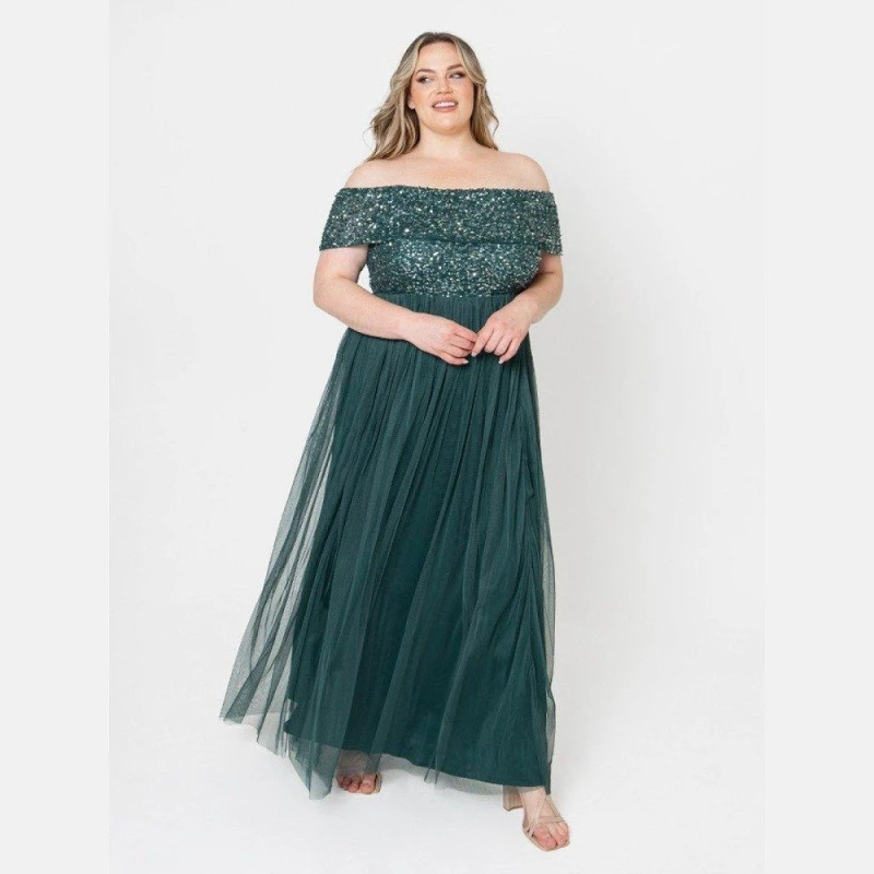 Image of Maya Deluxe Maya Emerald Green Bridesmaid Bardot Embellished Maxi Dress Emerald female 6 (2XS)