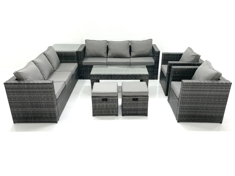 Image of Fimous Rattan Garden Furniture Sofa Set with Coffee table Armchair Side Table 2 Small Footstools Dark Grey Mixed Dark Grey
