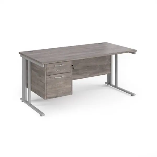 Image of Maestro 25 straight desk 1600mm x 800mm with 2 drawer pedestal - silver cable managed leg frame, grey oak top