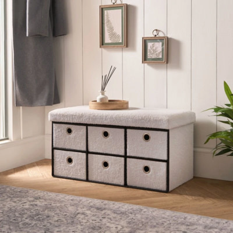 Image of OHS OHS Storage Cube Unit 6 Draw Ottoman Space Saving Chest Shoe Boucle Organiser in White White One Size Unisex 5027434215836
