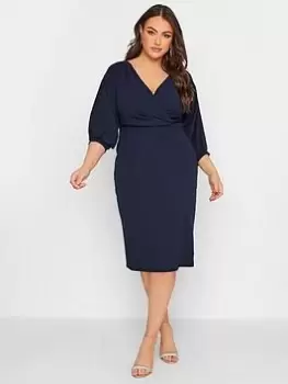 Image of Yours Curve Pleat Drop Shoudler Wrap Dress - Blue Size 14, Women