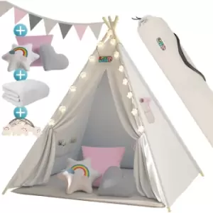 Image of Spielwerk Childrens Teepee Tent Fairy Lights Kid's 2.5cm Floor Play Mat 3 Pillows Cotton Carry Bag Tipi Playhouse Indoor 120x120x160cm Wigwam Rose
