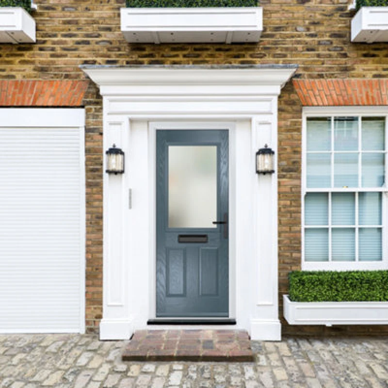 Image of Lacerta Composite Door Lytham 7015 Grey 920mm X 2090mm Open In Left Hand Obs Glass 10 Year Guarantee - Free Delivery & Smart Lock