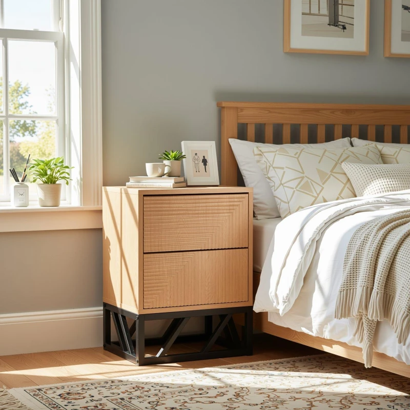 Image of Biba Mabel Grooved Oak Colour Wooden Bedside Table with 2 Drawers Brown unisex One Size