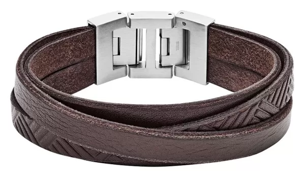 Image of Fossil Mens Brown Textured Leather Wrist Wrap Bracelet