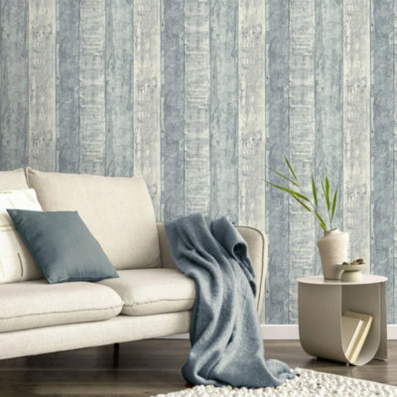Image of Yes-Online Fine Decor Rustic Wood Stripe Blue Wallpaper Paste The Paper Washable Modern Wooden Panel Plank