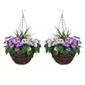 Image of Greenbrokers Artificial Purple & White Pansy Round Rattan Hanging Baskets (set Of 2)