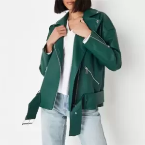 Image of Missguided Boyfriend Belted Faux Leather Jacket - Green