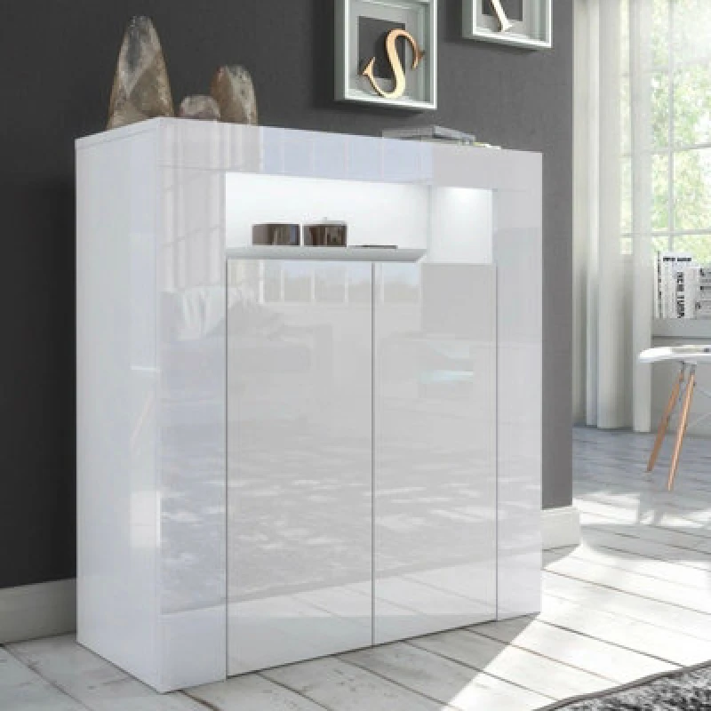 Image of Furneo High Gloss & Matt White 2-Door Sideboard Cabinet Cupboard Unit Clifton 01 White LED Lights