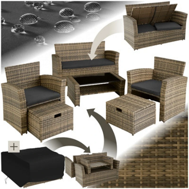 Image of Tectake Garden Furniture Set Modena- Sofa With Storage, Armchairs, Stools, Coffee Table - Nature