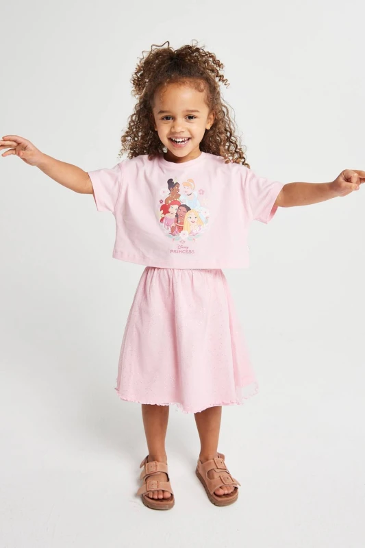 Image of Brand Threads Disney Princess T-Shirt & Tulle Skirt in Pink Size: 3-4 Years Pink Unisex 3-4 Years