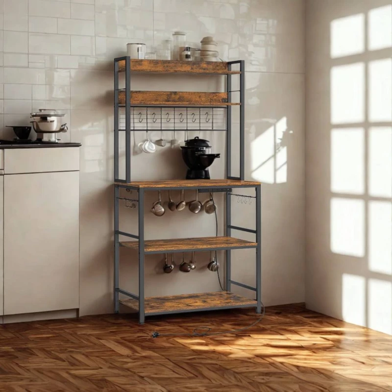 Image of Pirlo Plush Industrial 5 Tier Smart Kitchen Bakers Rack With Power Outlets in Brown Brown Unisex