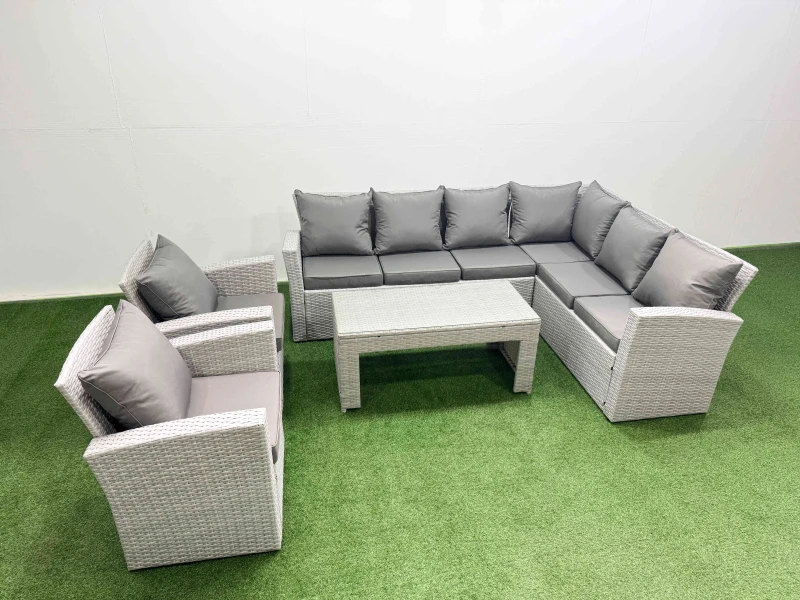 Image of Fimous Rattan Furniture Set 5 Pieces Outdoor Sofa Coffee Table with 2 Chairs in Light Grey Light Grey Unisex